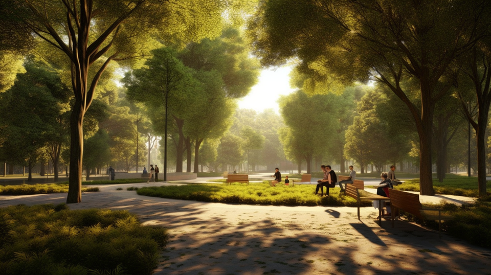 Visualize a serene park scene, where individuals are engaged in deep, meaningful conversations. The park is spacious, allowin